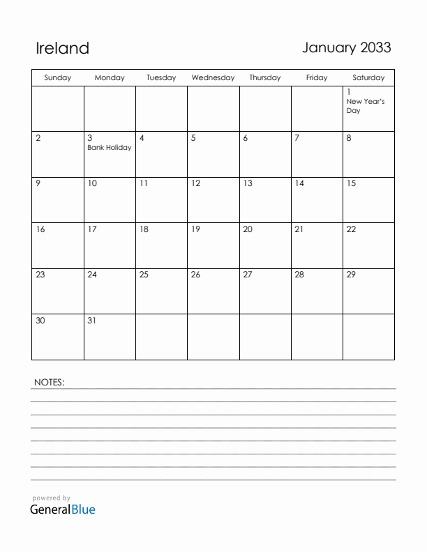 January 2033 Ireland Calendar with Holidays (Sunday Start)