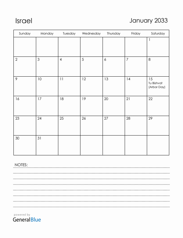 January 2033 Israel Calendar with Holidays (Sunday Start)