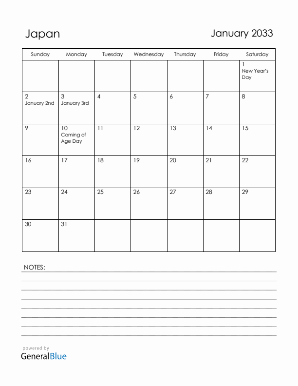 January 2033 Japan Calendar with Holidays (Sunday Start)