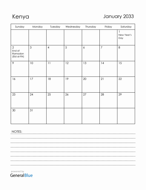 January 2033 Kenya Calendar with Holidays (Sunday Start)