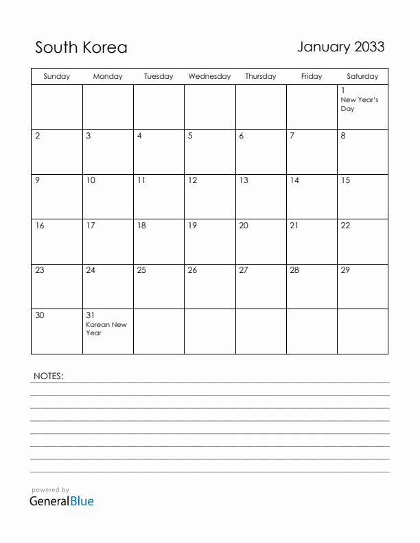 January 2033 South Korea Calendar with Holidays (Sunday Start)