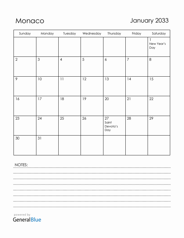 January 2033 Monaco Calendar with Holidays (Sunday Start)