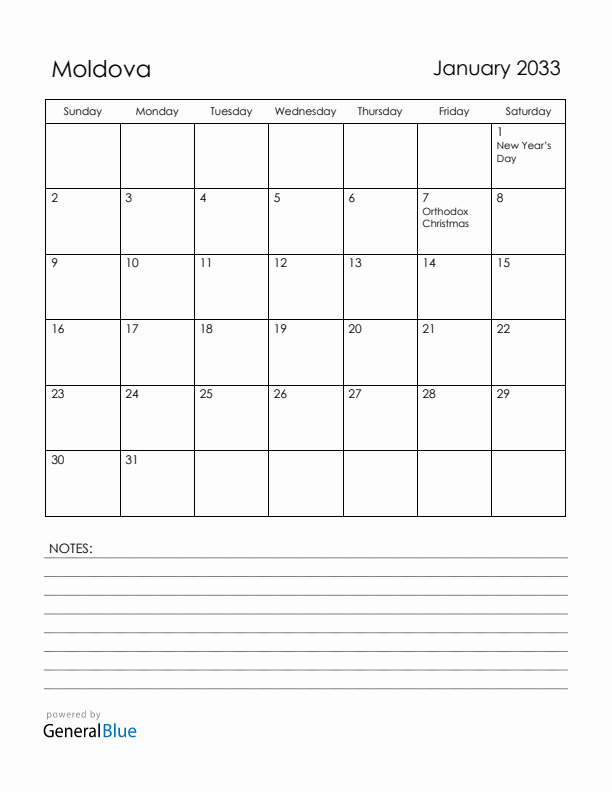 January 2033 Moldova Calendar with Holidays (Sunday Start)
