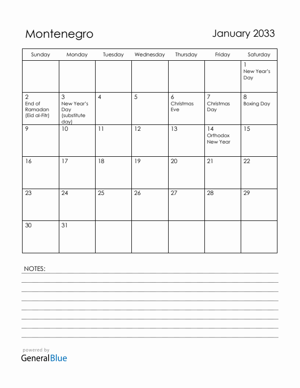 January 2033 Montenegro Calendar with Holidays (Sunday Start)
