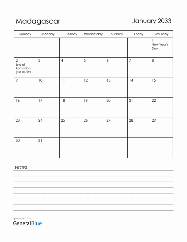 January 2033 Madagascar Calendar with Holidays (Sunday Start)