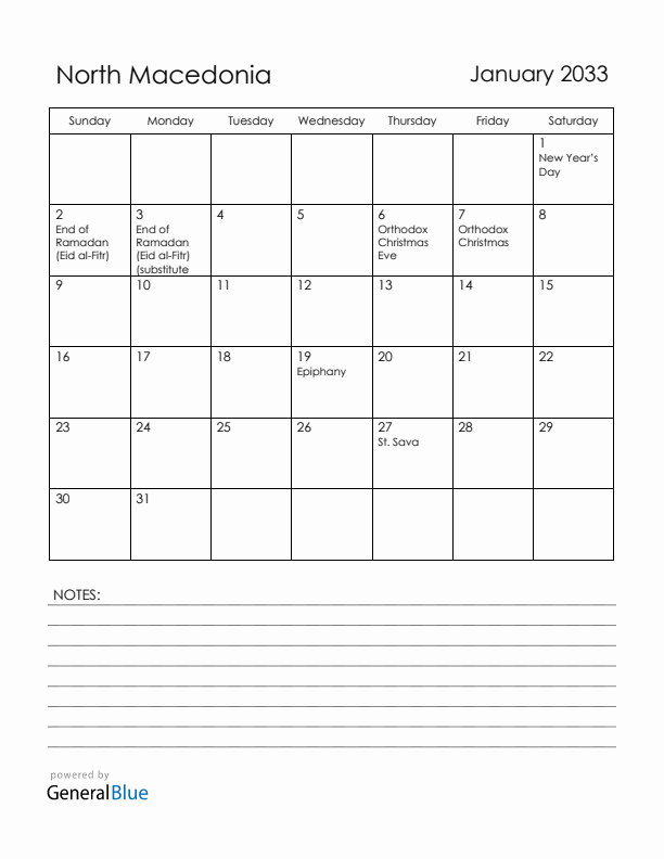 January 2033 North Macedonia Calendar with Holidays (Sunday Start)