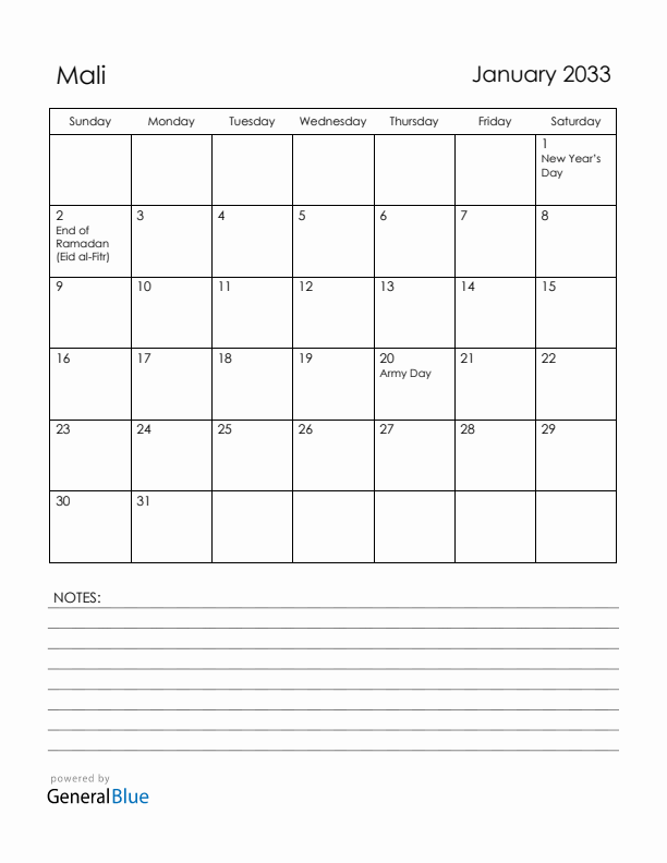 January 2033 Mali Calendar with Holidays (Sunday Start)