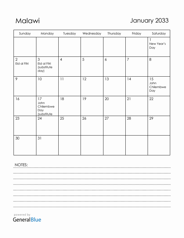 January 2033 Malawi Calendar with Holidays (Sunday Start)