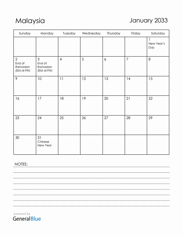 January 2033 Malaysia Calendar with Holidays (Sunday Start)