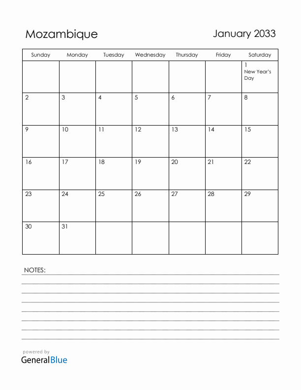January 2033 Mozambique Calendar with Holidays (Sunday Start)
