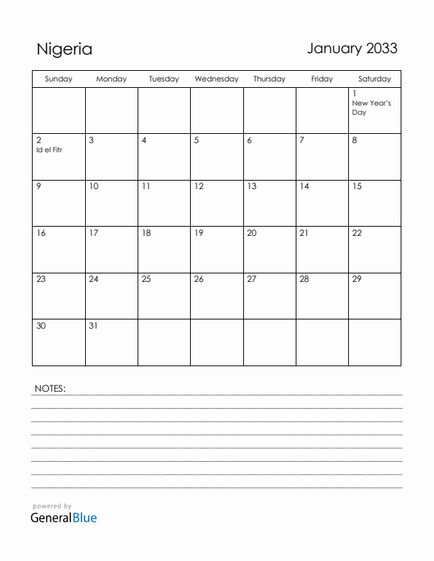 January 2033 Nigeria Calendar with Holidays (Sunday Start)