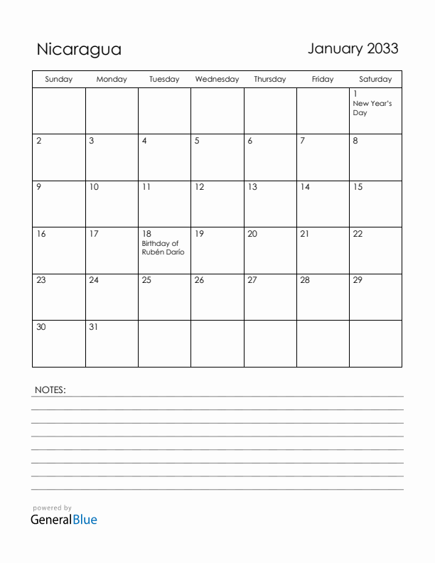 January 2033 Nicaragua Calendar with Holidays (Sunday Start)
