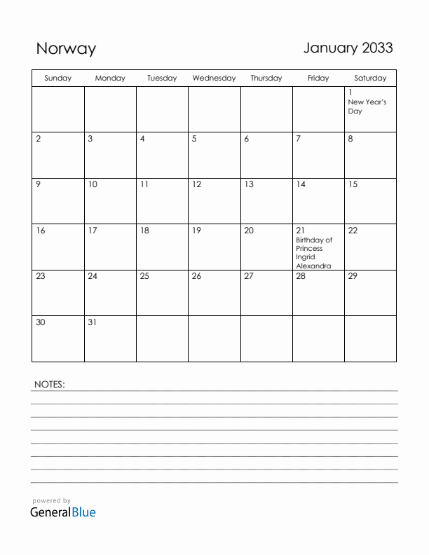 January 2033 Norway Calendar with Holidays (Sunday Start)