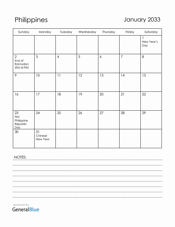 January 2033 Philippines Calendar with Holidays (Sunday Start)