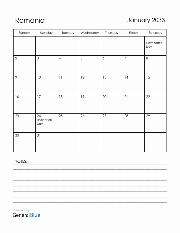 January 2033 Romania Calendar with Holidays (Sunday Start)