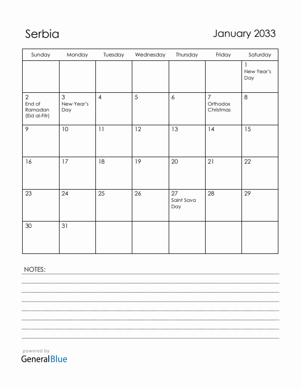 January 2033 Serbia Calendar with Holidays (Sunday Start)