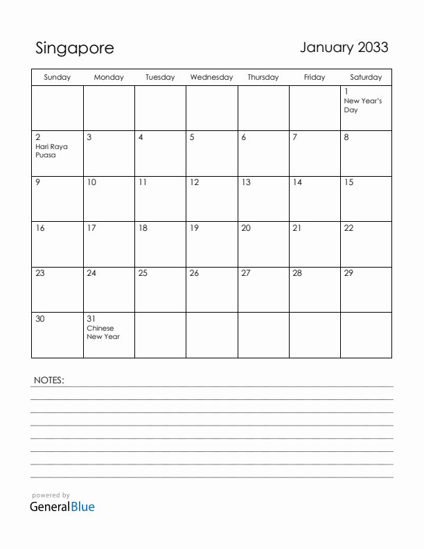 January 2033 Singapore Calendar with Holidays (Sunday Start)