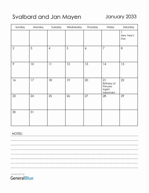 January 2033 Svalbard and Jan Mayen Calendar with Holidays (Sunday Start)