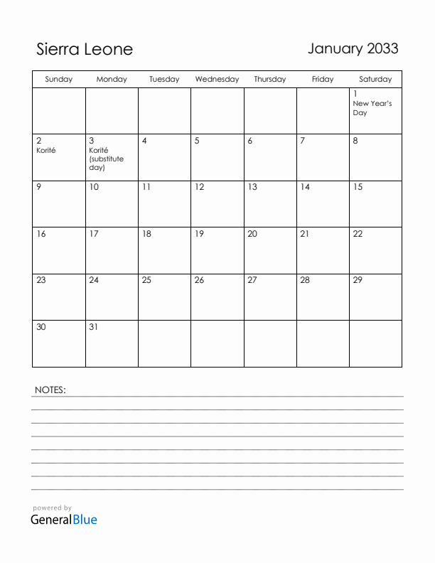 January 2033 Sierra Leone Calendar with Holidays (Sunday Start)