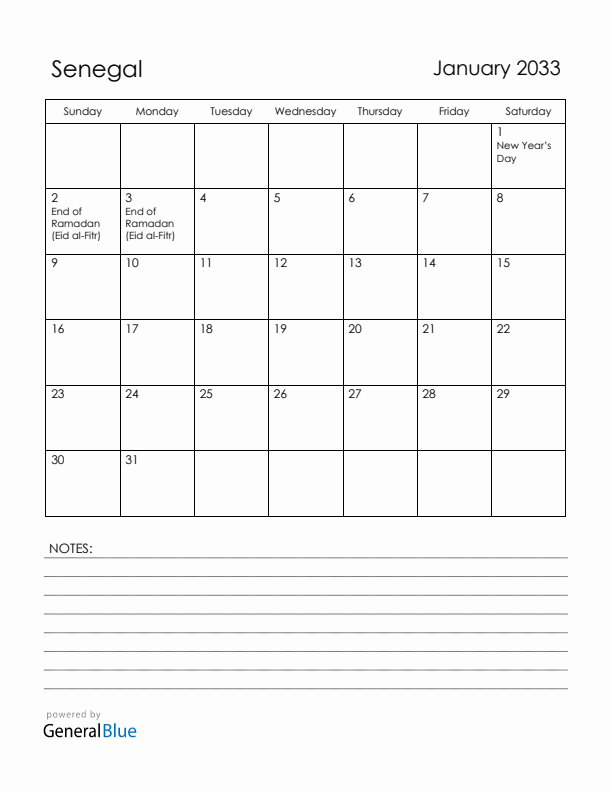 January 2033 Senegal Calendar with Holidays (Sunday Start)