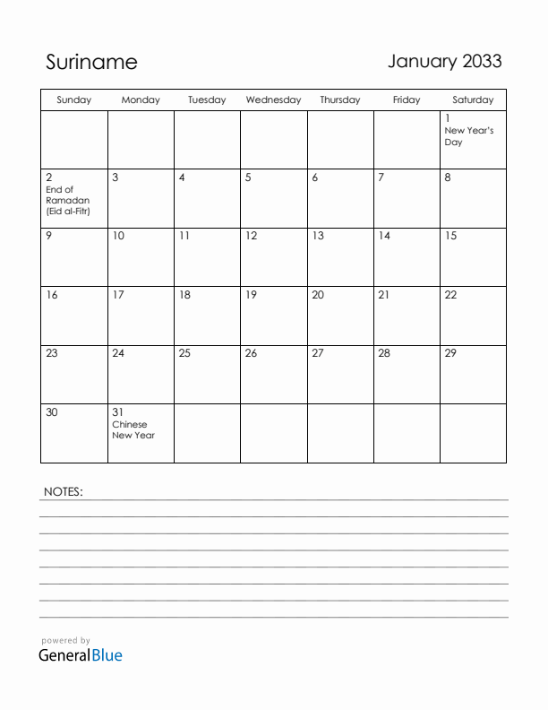 January 2033 Suriname Calendar with Holidays (Sunday Start)