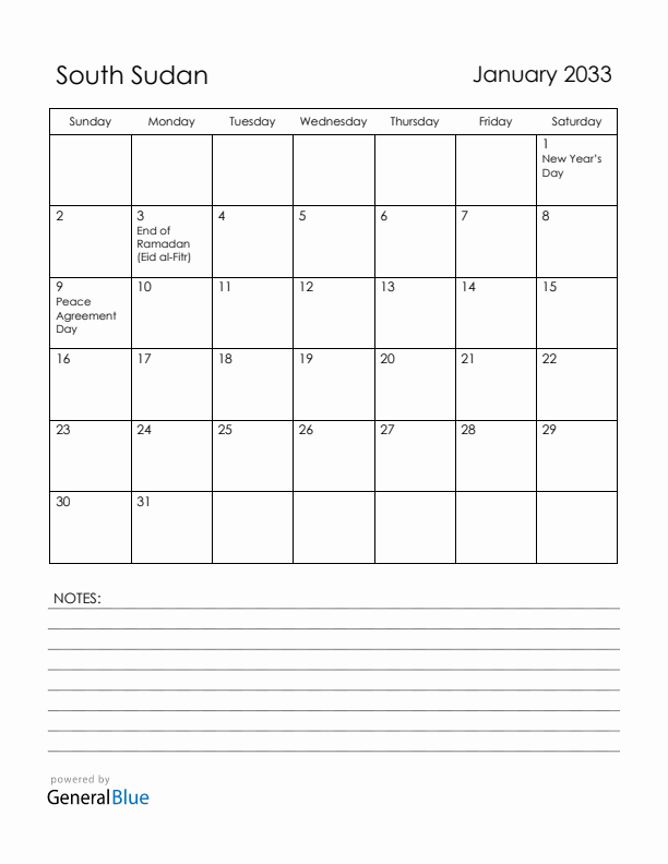 January 2033 South Sudan Calendar with Holidays (Sunday Start)