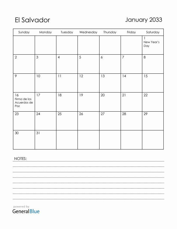 January 2033 El Salvador Calendar with Holidays (Sunday Start)
