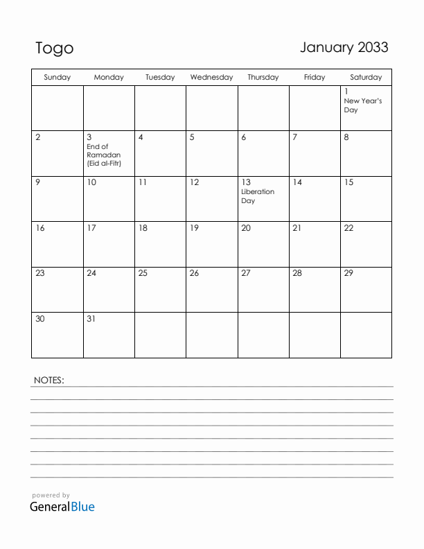 January 2033 Togo Calendar with Holidays (Sunday Start)