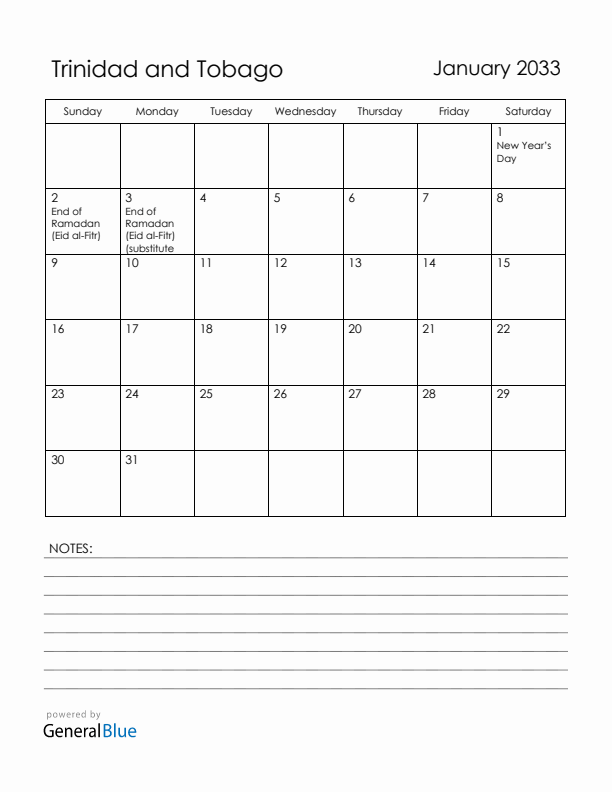 January 2033 Trinidad and Tobago Calendar with Holidays (Sunday Start)