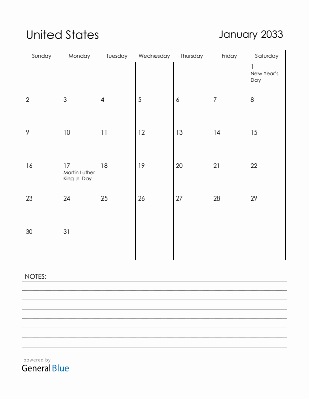 January 2033 United States Calendar with Holidays (Sunday Start)