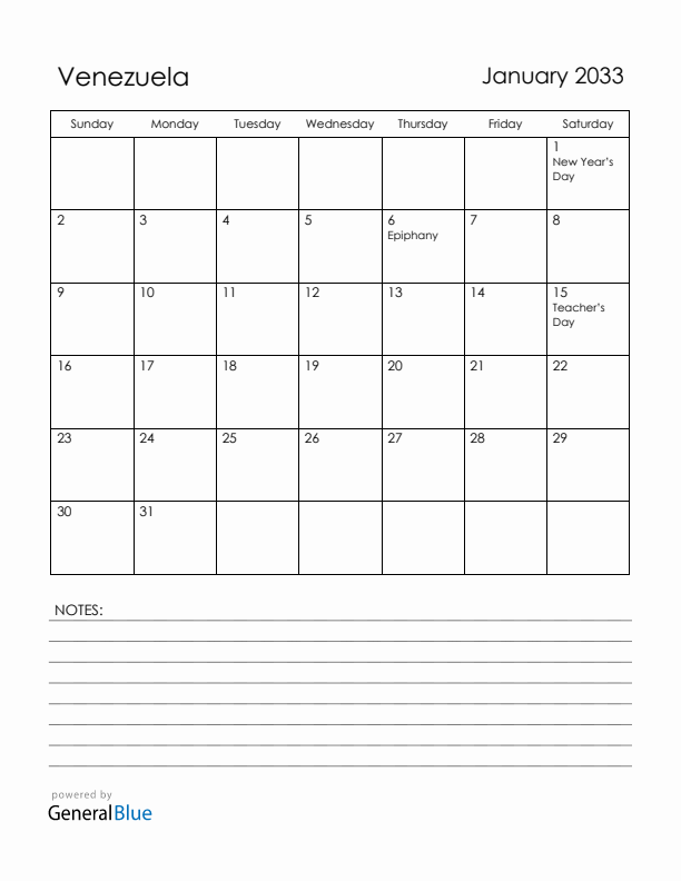 January 2033 Venezuela Calendar with Holidays (Sunday Start)