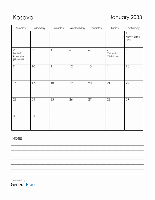 January 2033 Kosovo Calendar with Holidays (Sunday Start)