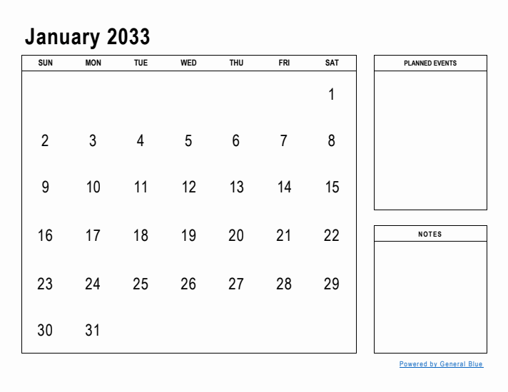 January 2033 Calendar Planner