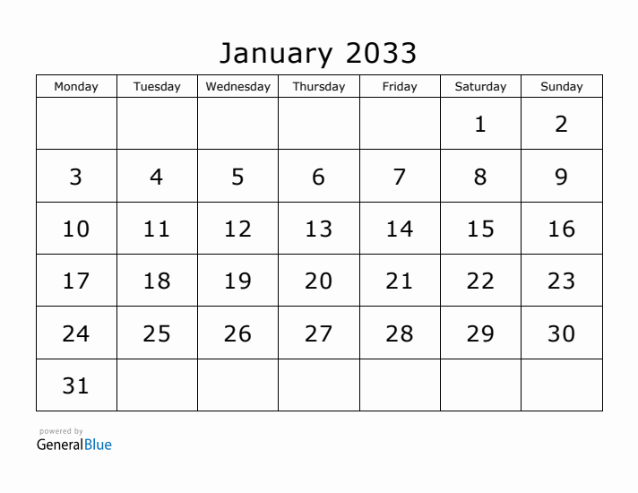 Printable January 2033 Calendar - Monday Start