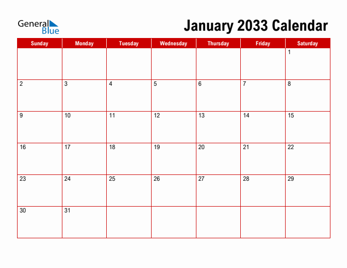 Simple Monthly Calendar - January 2033