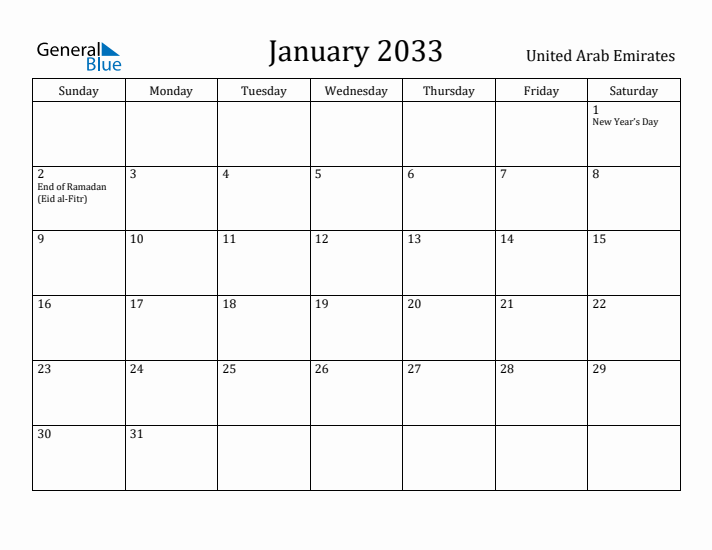 January 2033 Calendar United Arab Emirates