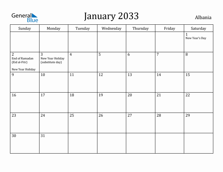 January 2033 Calendar Albania
