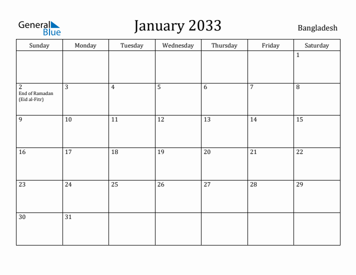 January 2033 Calendar Bangladesh
