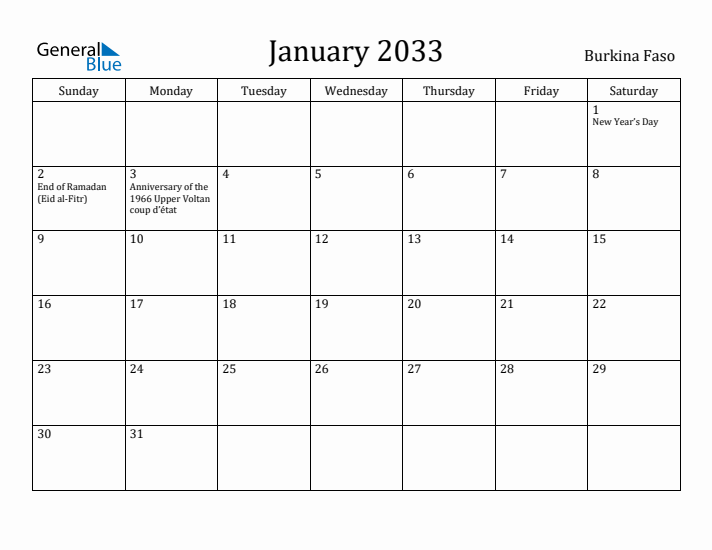 January 2033 Calendar Burkina Faso