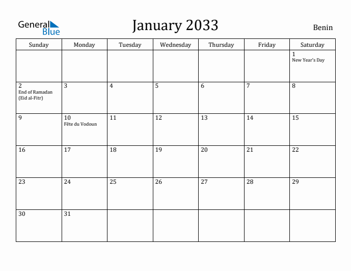 January 2033 Calendar Benin