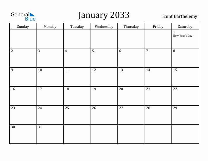 January 2033 Calendar Saint Barthelemy
