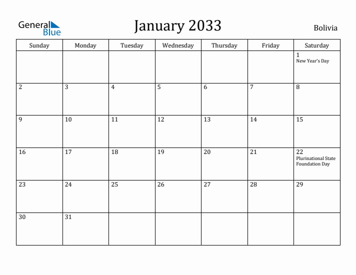 January 2033 Calendar Bolivia