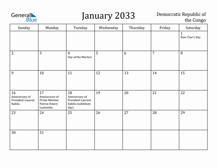 January 2033 Calendar Democratic Republic of the Congo