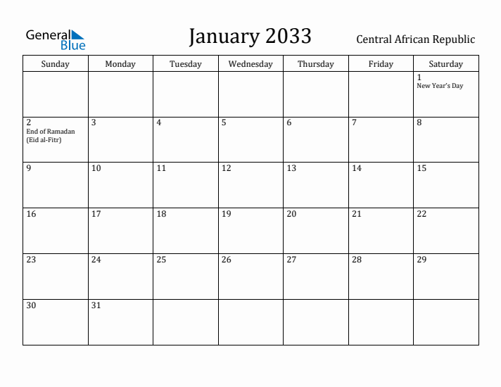 January 2033 Calendar Central African Republic
