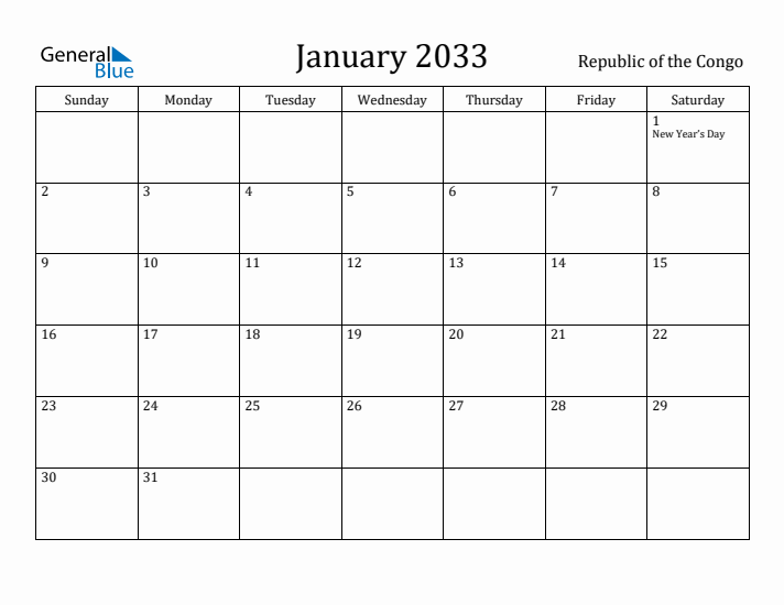 January 2033 Calendar Republic of the Congo