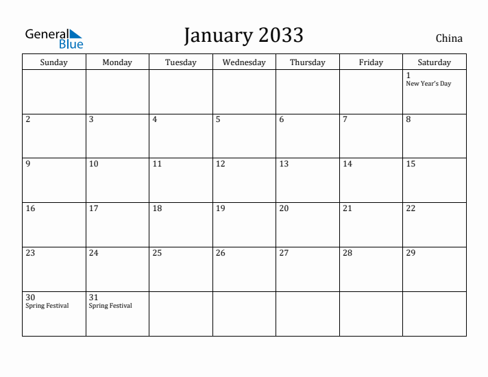 January 2033 Calendar China