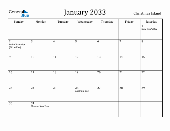 January 2033 Calendar Christmas Island