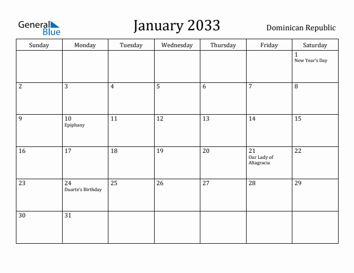 January 2033 Calendar Dominican Republic