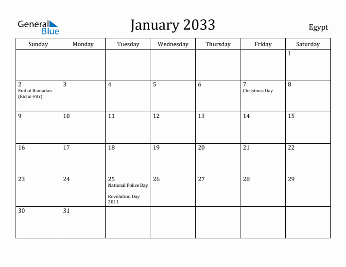 January 2033 Calendar Egypt