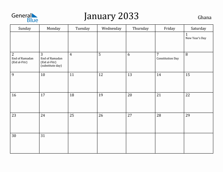 January 2033 Calendar Ghana
